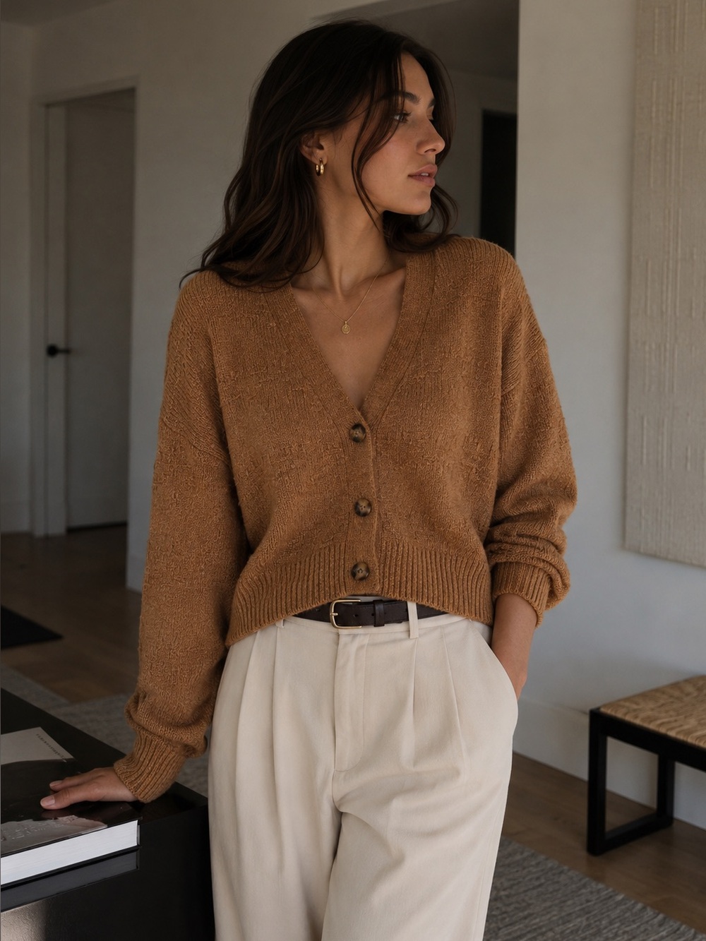 Topshop Cropped Chunky Knit Cardigan Camel XS
